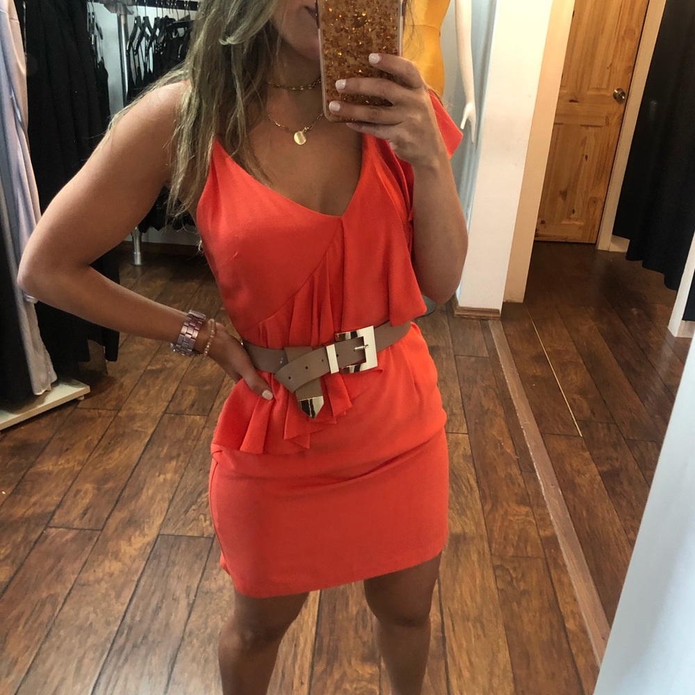 One Shoulder Ruffle Orange Dress - Picture 2 of 5